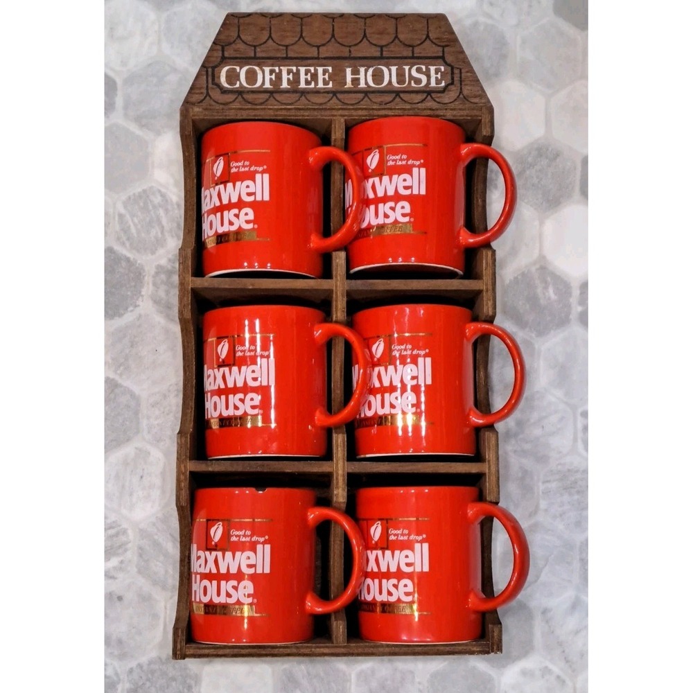 MAXWELL HOUSE RED 1980s VINTAGE COFFEE MUGs Set GOOD TO THE LAST DROP Wood Case